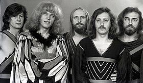 The classic Omega lineup in 1976 (L-R: Ferenc Debreczeni, János Kóbor, László Benkő, Tamás Mihály, György Molnár)