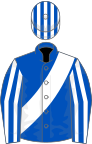 ROYAL BLUE, white sash, striped sleeves and cap