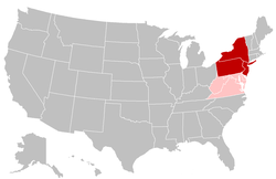 U.S. states always included in definitions of the Mid-Atlantic states (highlighted in dark red). U.S. states sometimes included in definitions of the Mid-Atlantic states (highlighted in pink).