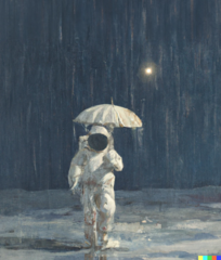 一位浑身湿透的太空人，撑著一把白色的雨伞在月球表面的倾盆大雨中行走的作品