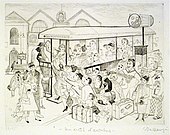 Monochrome etching of a scene at a Paris bus stop