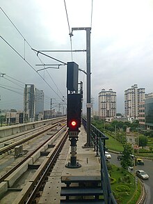 Elevated-train signal, with high-rise buildings in the background