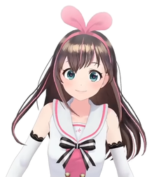 An official image of Kizuna, published through her videos. She is slender in build, has long brown hair, blue eyes, and a fair complexion. Her clothes are white and have pink highlights with black trim.