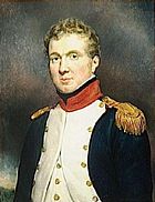 Painting shows a young, clean-shaven, brown-haired man. He wears a dark blue military uniform with white lapels.