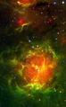 史匹哲太空望远镜以红外线拍摄的三叶星云。以可见的颜色显示3.6、8.0，和24微米的光。