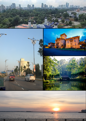 右上图顺时针：新山天际线、苏丹依布拉欣大楼、城市雨林、柔佛海峡和新柔长堤、城市街道