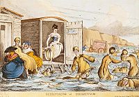 Mermaids at Brighton swim behind their bathing machines in this engraving by William Heath, c. 1829.