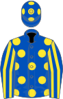 ROYAL BLUE, yellow spots, striped sleeves, blue cap, yellow spots