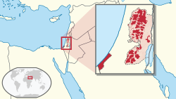 巴勒斯坦国宣称领土（红色） 及实际控制领土（深红色）