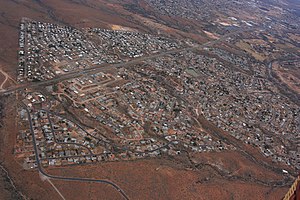 Verde Village as seen from a hot air balloon, 2005. Cottonwood and the Verde River are at top right. View is to the west.