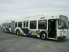 CAT New Flyer D60LF, variant of first "mountains" livery using blue and gold (2005)