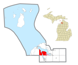 Location within Charlevoix County and the administered CDPs of Ironton (1) and Advance (2)