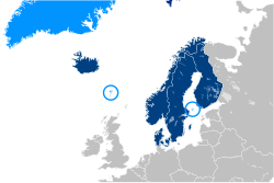 北欧理事会成员国（蓝色） 成员国领土（浅蓝色）