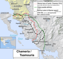 Approximate geographical outline of Chameria according to various views. In red, the Ottoman kaza of Çamlık. In black, the maximum extent of Albanian speech. In green, the more expansive version of the region's definition by R. Elsie.[1]