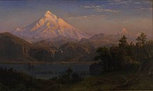 Landscape painting with a lake in the foreground and snow capped Mount Hood in the distance
