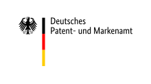 From left to right: A stylised black eagle with wings outstretched, head facing left; A vertical sequence of black (top), red and yellow (bottom) rectangles; The text "Deutsches Patent- und Markenamt"