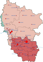 Territory of Ukraine's Luhansk Oblast controlled by Russia as LPR shown in red and pink; territory claimed but not controlled shown in yellow and blue[2]