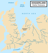 Paleogeographic reconstruction of the North Sea approximately 9,000 years ago during the early Holocene and after the end of the Last Glacial Period
