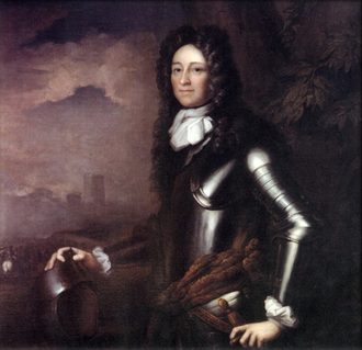 painted portrait of Gustavus Hamilton as a young man showing a clean-shaven man wearing a long curly wig, clad in armour, standing in front of some drapery opening on a view on a distant landscape with a castle