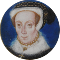 Katherine Brydges, Lady Dudley by Levina Teerlinc, c. 1560. A courtier to both Mary I and Elizabeth I. The daughter of John Brydges, 1st Baron Chandos and the wife of Edward Sutton, 4th Baron Dudley[29]