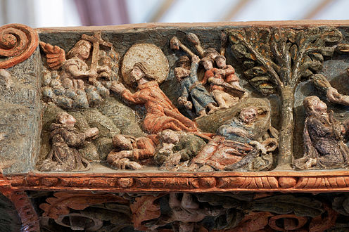 One of the bas-reliefs carved on the rood screen beam: Christ in fervent prayer in the Garden of Gethsemane