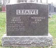 Grey granite stone inscribed with the names of Lefaive and his wife