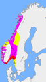 The division of the kingdom after the Battle of Svolder (1000 AD) between Sweden (yellow), Denmark (red) and the jarl of Lade (purple).