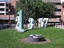 A sculpture that portrays several Arabic numerals standing upright in a lawn