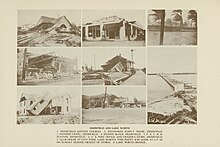 Eight images of impacts by a hurricane, including a church, railroad station, bridge, and a few businesses