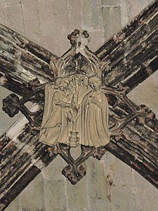 Keystone of a Gothic vault; An angel announces the conception of Christ to Saint Anne