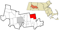 佩勒姆在汉普夏县及马萨诸塞州的位置（以红色标示）