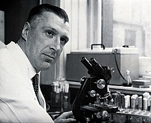 Man in his 40s sitting at a microscope, looking right towards the camera. He has cropped, dark hair and wears a lab coat