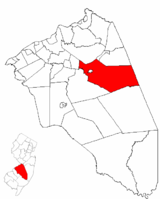 Pemberton Township highlighted in Burlington County. Inset map: Burlington County highlighted in New Jersey.