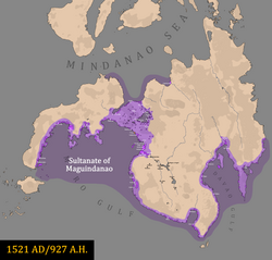 Territory of the Sultanate of Maguindanao in 1521 (purple) and its subjects (light purple) according to various accounts.