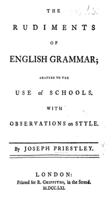 The page reads: 'The Rudiments of English Grammar; Adapted to the Use of Schools, with Observations on Style. By Joseph Priestley. London: Printed for R. Griffiths, in the Strand. M.DCC.LXI.