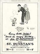 In a 1922 ad, a small child, smoking a cigarette, tells his amused parents not to worry, as he is smoking for a veteran's charity. Children were often used in early cigarette ads, where they helped normalize smoking as part of family living, and gave associations of purity, vibrancy, and life.[95]