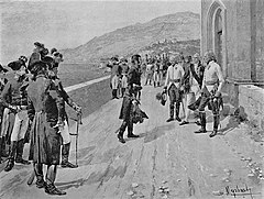Black and white print by Felician Myrbach shows an officer in a dark military coat surrendering Genoa to a group of white-coated officers.