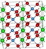 Crystal structure of M' phase of LuTaO4 (or YTaO4). Colors are red (oxygen), green (Lu or Y), blue (Ta).