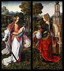 Master of Frankfurt, St Catherine, St Barbara, 1510–1520, oil on panel 158.7 x 70.8 cm (each), The Royal Picture Gallery Mauritshuis, The Hague. These are the left and right panels of a triptych altarpiece. The central panel depicts the Holy Family with Music Making Angels (now in the Walker Art Gallery, Liverpool).