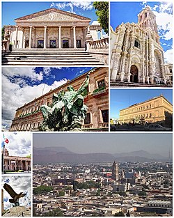 从上依序、费尔南多·索勒市剧院、萨尔蒂约大教堂、新特拉斯卡拉广场、政府宫、科阿韦拉州议会宫、墨西哥鸟类博物馆和萨尔蒂约天际线。