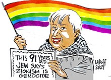 Cartoon drawing of Shatzi Weisberger wearing a keffiyeh. She is holding a rainbow pride flag and a sign that reads "This 91 years old Jew says Zionism is genocide".