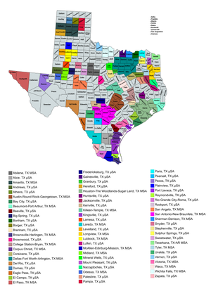 Map of the 71 core-based statistical areas in Texas.