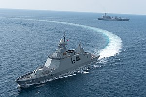 The Royal Thai Navy frigate HTMS Bhumibol Adulyadej sails in formation Guardian Sea 2019.
