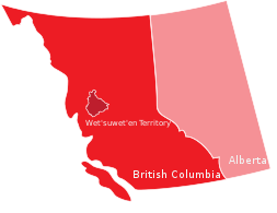 Map of British Columbia and Alberta with traditional Wetʼsuwetʼen territory in north central British Columbia highlighted and labelled "Wetʼsuwetʼen Territory".