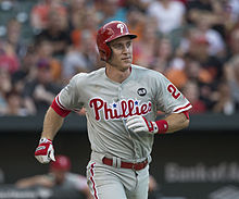Chase Utley, in Philadelphia's road grays, runs the bases