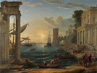 The Embarkation of the Queen of Sheba; by Claude Lorrain; 1648; oil on canvas; 149.1 × 196.7 cm; National Gallery, London