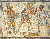 《兹利坦镶嵌画（英语：Zliten mosaic）》，绘制了角斗士，公元2世纪