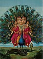 Image 5 Murugan Painting: Raja Ravi Varma Murugan, also known as Kartikeya, is the Hindu war god, worshiped particularly by Tamil Hindus. Murugan has a peacock as a mount and is often depicted with six heads and twelve arms holding a variety of weapons. His consorts, pictured here, are Valli and Deivayanai. More selected pictures