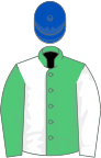 Emerald green and white (halved), sleeves reversed, royal blue cap