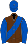Brown, royal blue sash, sleeves and cap